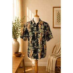 Black Hawaiian Aloha‎ Shirt Men's XL Rayon Tropical Palm Floral Resort Wear